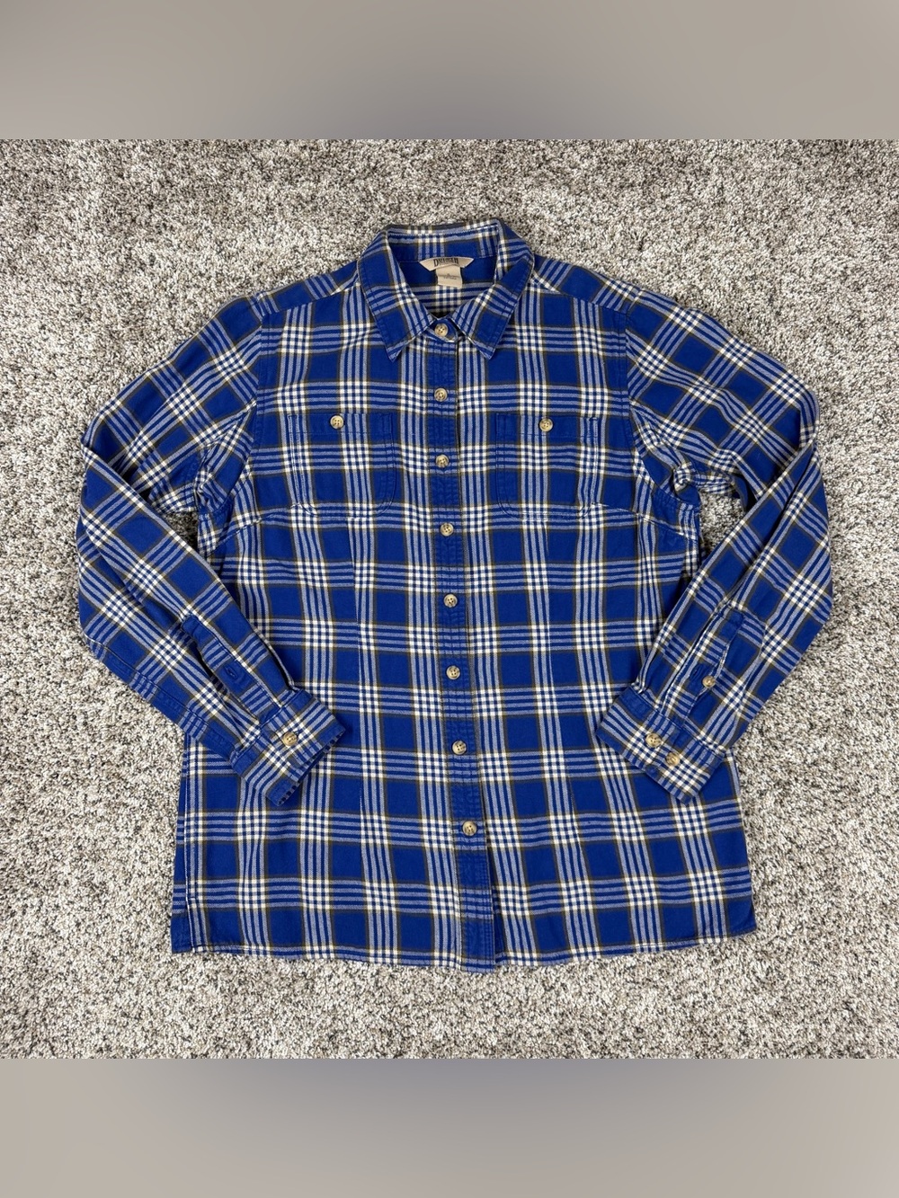 Sz Small Men’s Duluth Trading Co Button Up Flannel Plaid Long Sleeve Shirt Blue